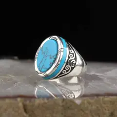 A Unique Retro Punk Gemstone Turquoise Men's Ring - Antique Silver - View 1