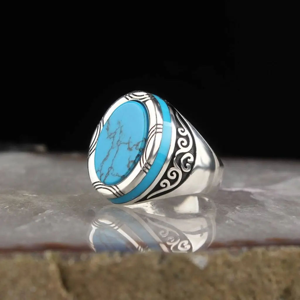 A Unique Retro Punk Gemstone Turquoise Men's Ring - Antique Silver