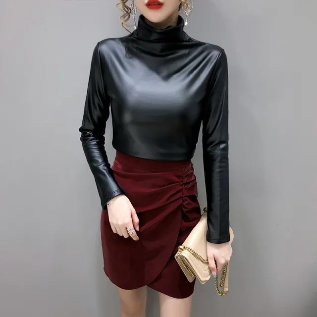 Autumn And Winter Fleece lined Thick Leather Coat Turtleneck Bottoming Shirt For Women Black - Shop at LoveMi