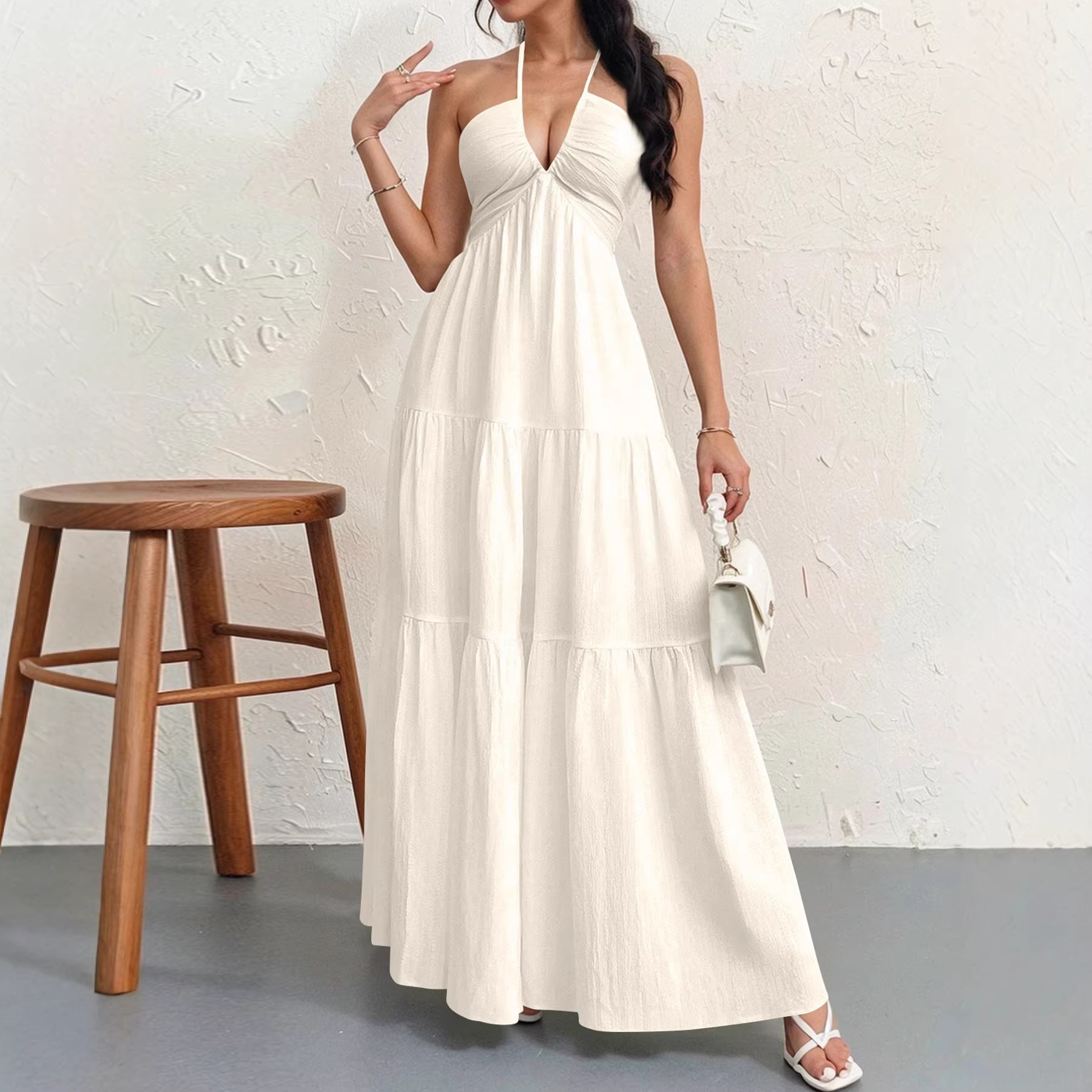 Womens Deep V-Neck, Niche Design Halter Dress