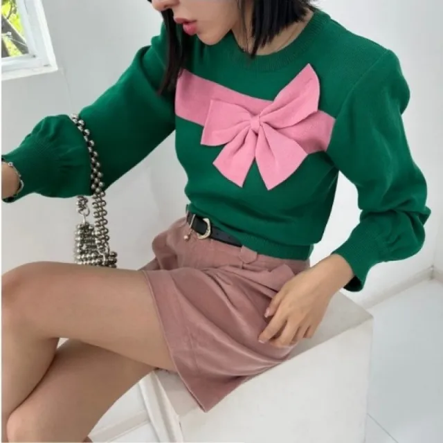 South Korea Contrast Color Sweet Big Bow Knitted Sweater Green - Shop at LoveMi
