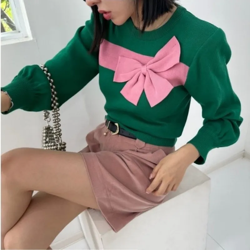 South Korea Contrast Color Sweet Big Bow Knitted Sweater - Green