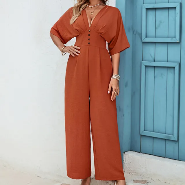 Women's Fashion Solid Color Short Sleeve Casual Jumpsuit Orange - Shop at LoveMi