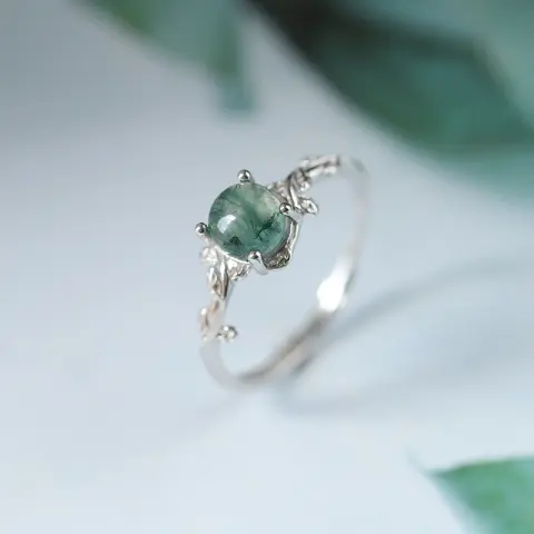 S925 Silver Green Moss Ring Water Plants Agate Stone