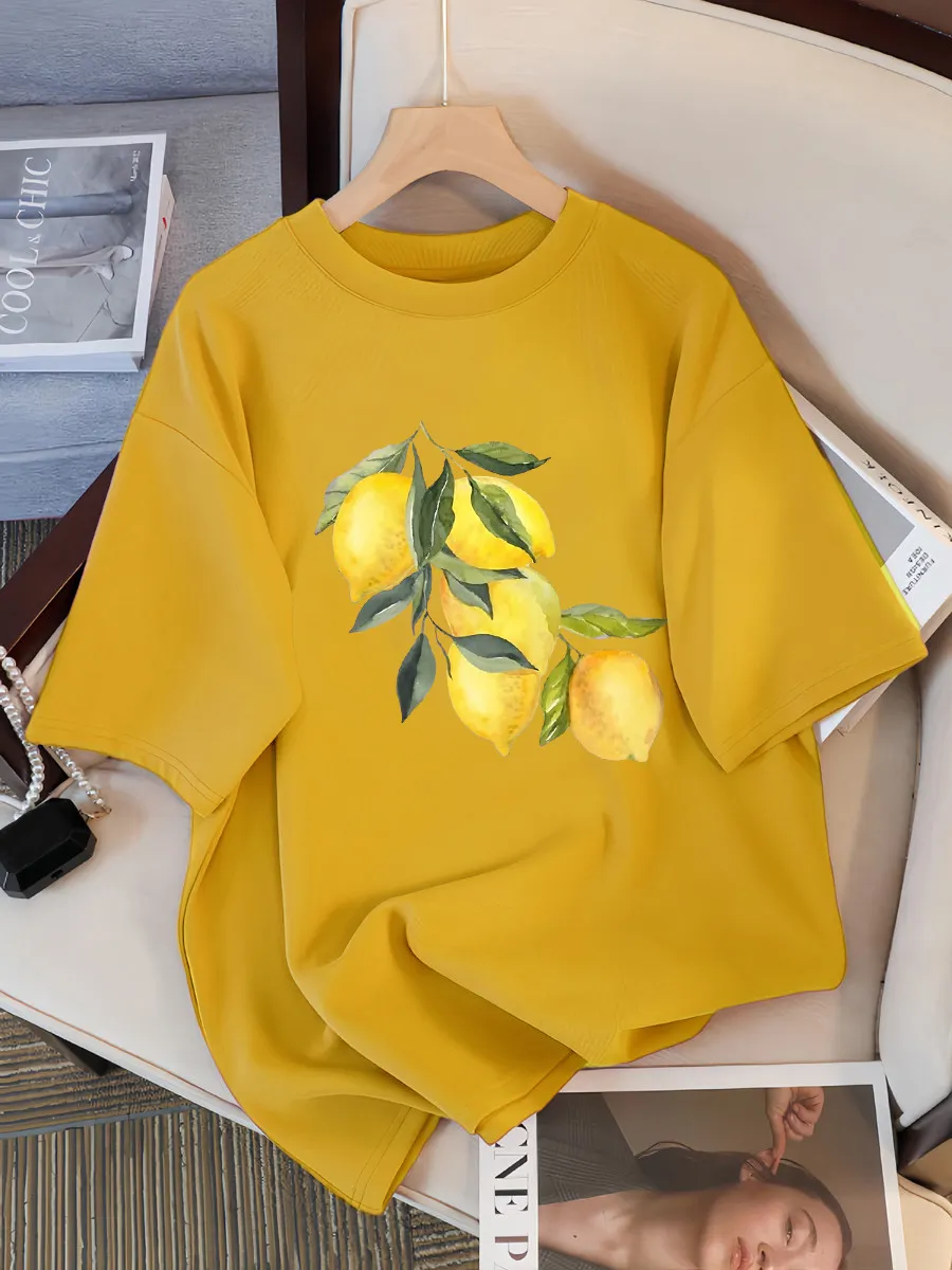 Creative Lemon Pattern T-Shirts Female Casual Soft Tops Fash - Yellow