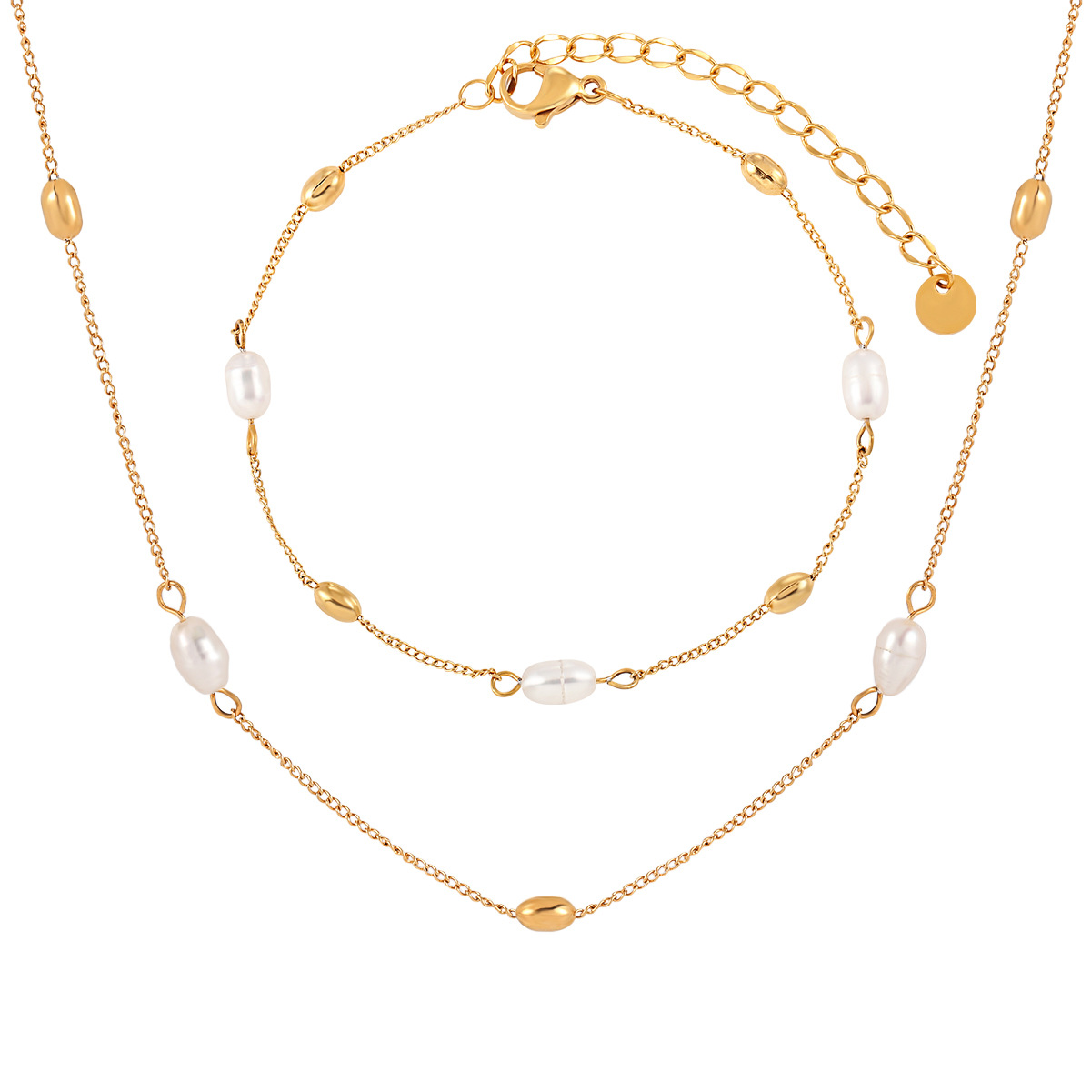 Geometric Ellipse Freshwater Pearl Titanium Steel Necklace