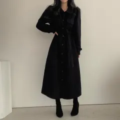 Autumn Winter Retro Lapel Single Breasted Lace-up Waist-controlled Long Corduroy Dress Women - Black - View 1