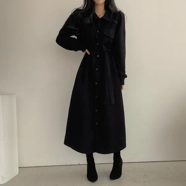 Autumn Winter Retro Lapel Single Breasted Lace up Waist controlled Long Corduroy Dress Women Black - Shop at LoveMi
