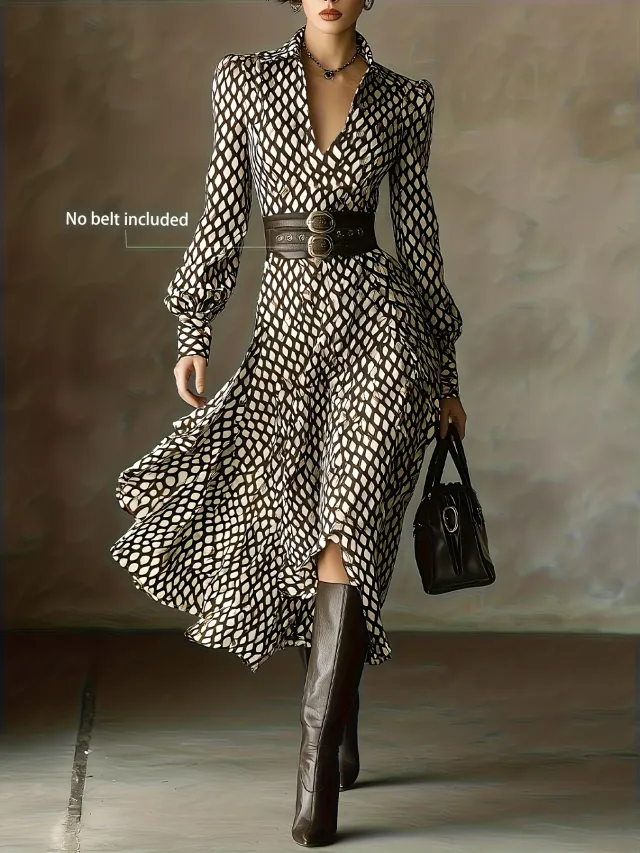 V neck Puffy Long sleeve High waisted A line Maxi Skirt For Women Brown - Shop at LoveMi