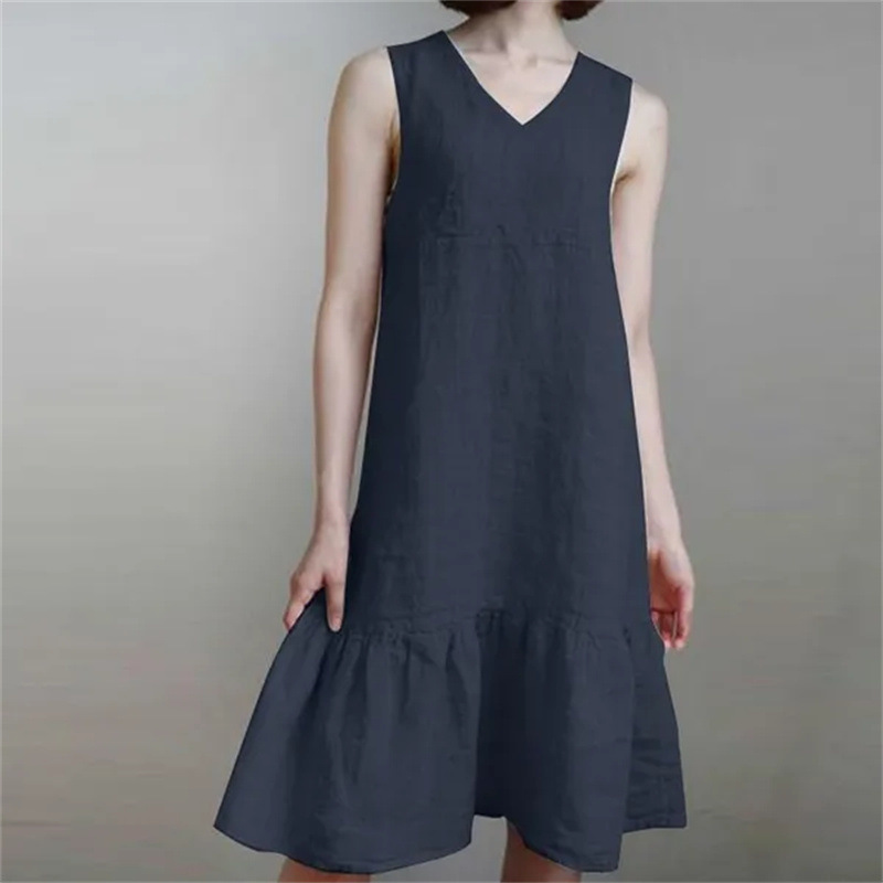 Loose fit V neck Solid color Pleated Strap Sundress In Cotton And Linen Navy Blue - Shop at LoveMi