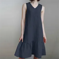Loose-fit V-neck Solid-color Pleated Strap Sundress In Cotton And Linen - Blue - View 1
