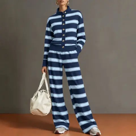 Women's Autumn Winter Striped Button Down Top and Wide