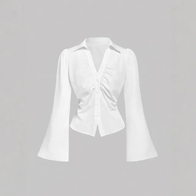 New Pleated Slim Fit Trendy Slimming Shirt Ruffled Flared Sleeve Shirt White - Shop at LoveMi