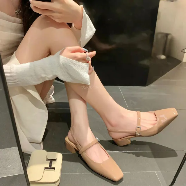 French Square Toe Mary Jane Shoes Rhinestone Square Buckle Chunky Heel Nude - Shop at LoveMi
