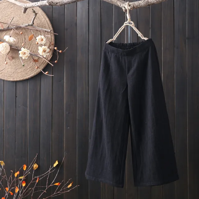 Elastic Waist Cotton And Linen Cropped Wide leg Pants Black - Shop at LoveMi
