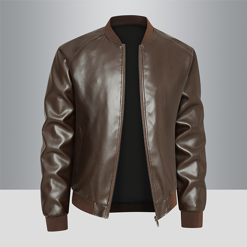 Mens Stand-Neck Casual Stylish Leather Jacket