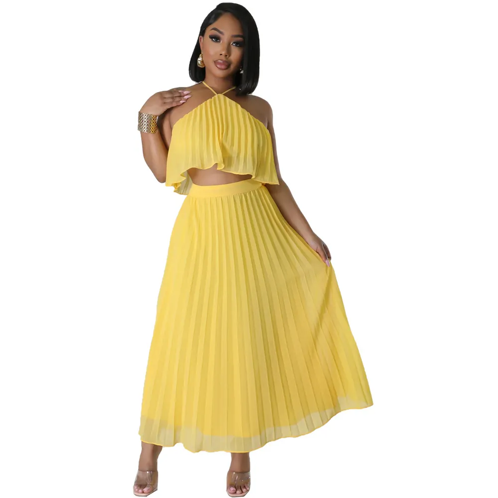 Backless Halter Vest Long Skirt Two-piece Set - Yellow