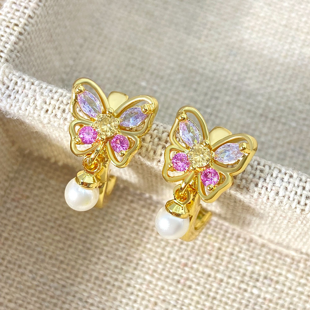 Butterfly Color Zircon Pearl Earrings Sweet Light Luxury