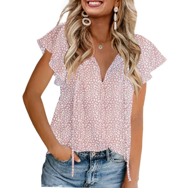 Floral Casual V neck Chiffon Shirt Loose And Simple Pink - Shop at LoveMi
