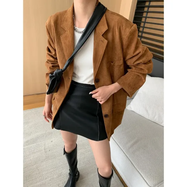 Fashionable Antique Style Artificial Suede Profile Loose Suit Jacket Brown - Shop at LoveMi