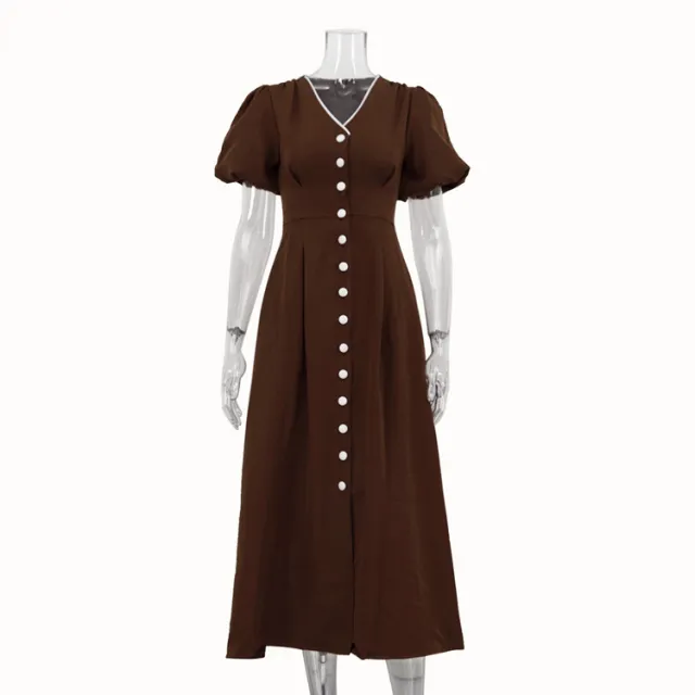 V neck Puff Sleeve Single breasted Dress Brown - Shop at LoveMi