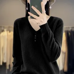 Women's Long-sleeved Sweater Top With Tie Buckle - Classic Black - View 1