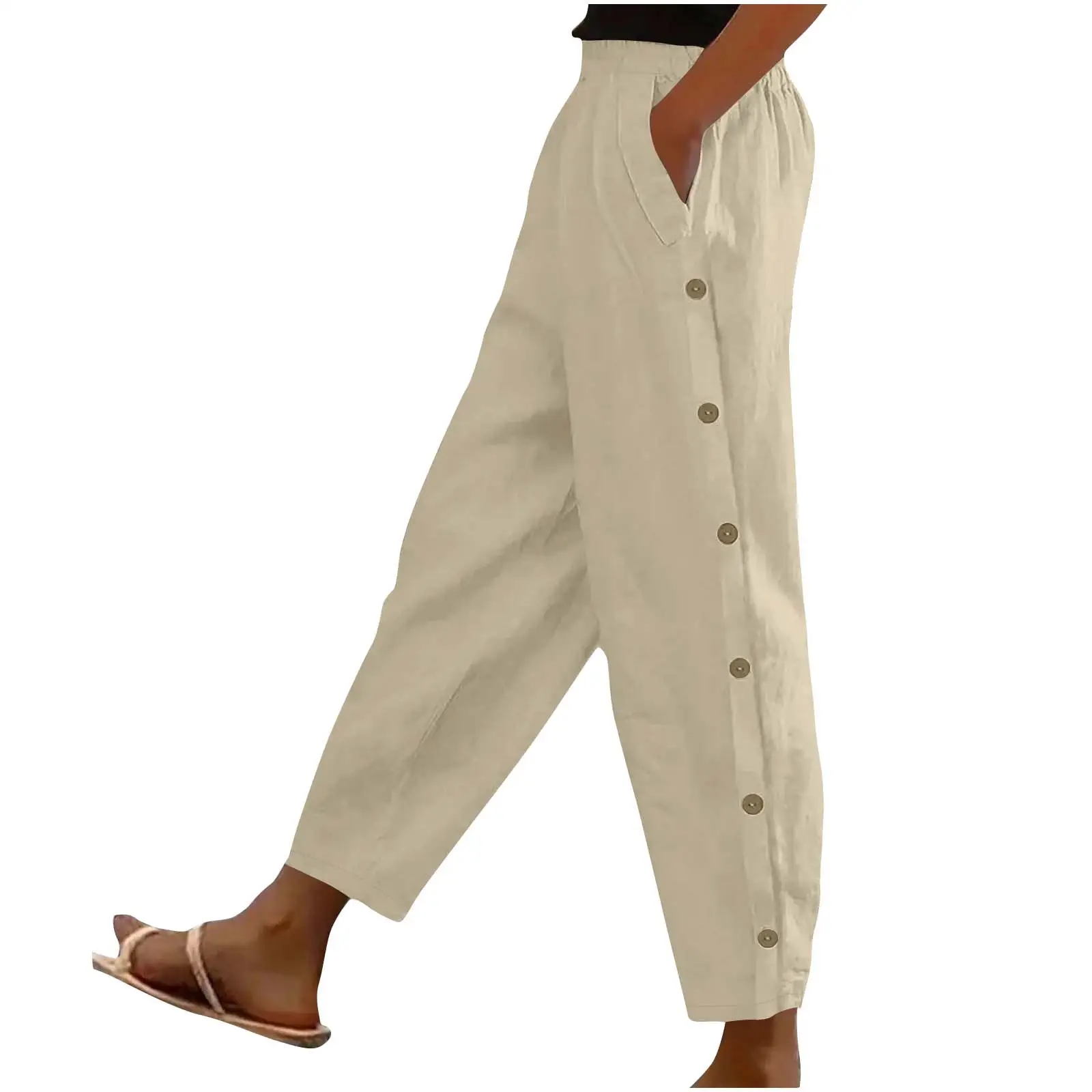 Solid-color Mid-rise Cotton-linen Casual Loose-fitting Trousers