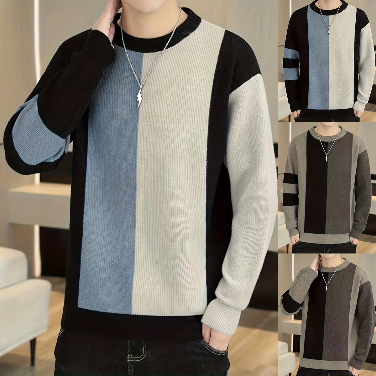$14.92 Contrast Color Fashion All-match College Style Round Neck Pullover Men's Sweater