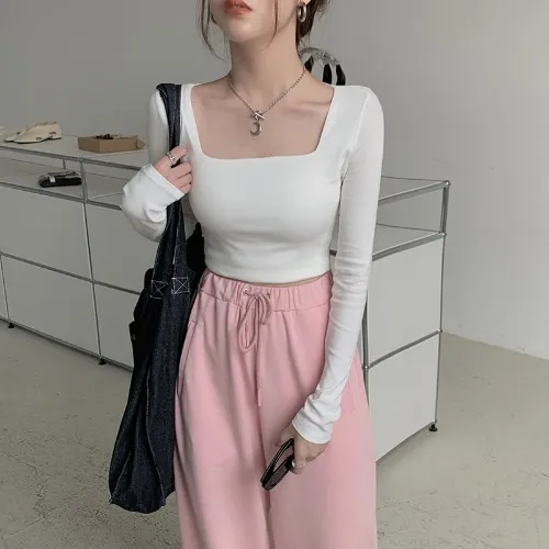 Women's Fashion Slim Fit Square Collar Long sleeved Bottoming Shirt Top White - Shop at LoveMi
