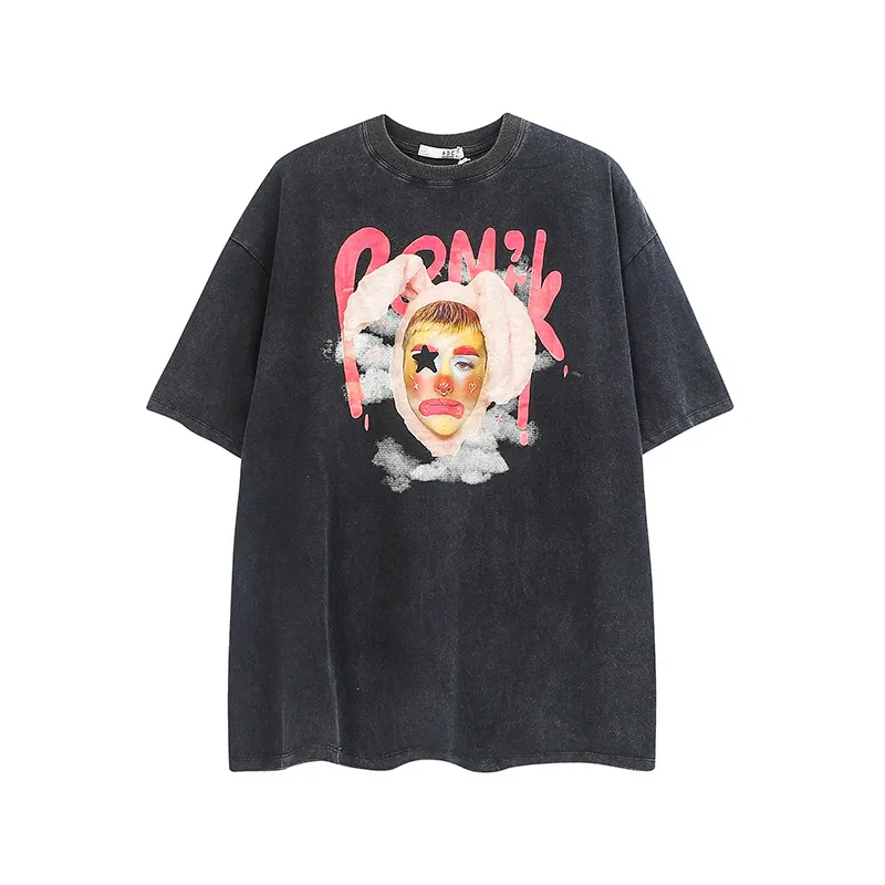 Women's Retro Clown Printed Short Sleeves - Washed And Worn Black