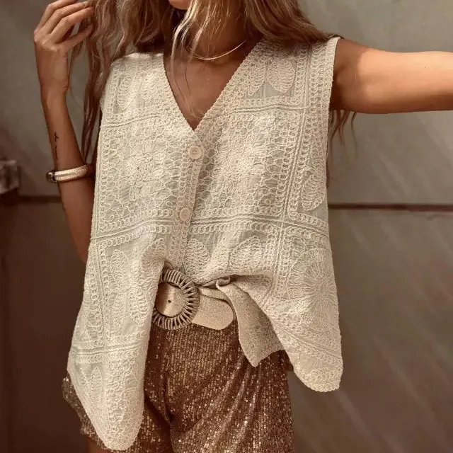 V neck Vest Lace Embroidered Buckle Cardigan Vest Vacation Top Beige - Shop at LoveMi
