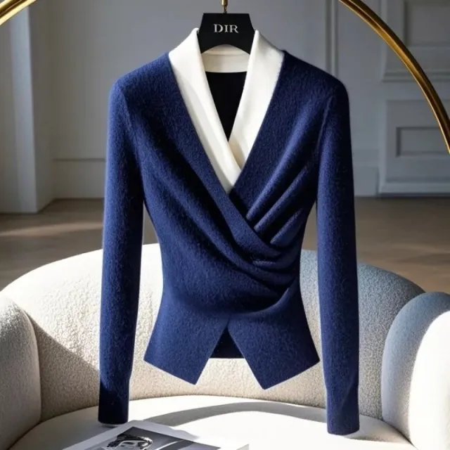 Long Sleeve V neck Red Assorted Colors False two piece Sweater Blue - Shop at LoveMi
