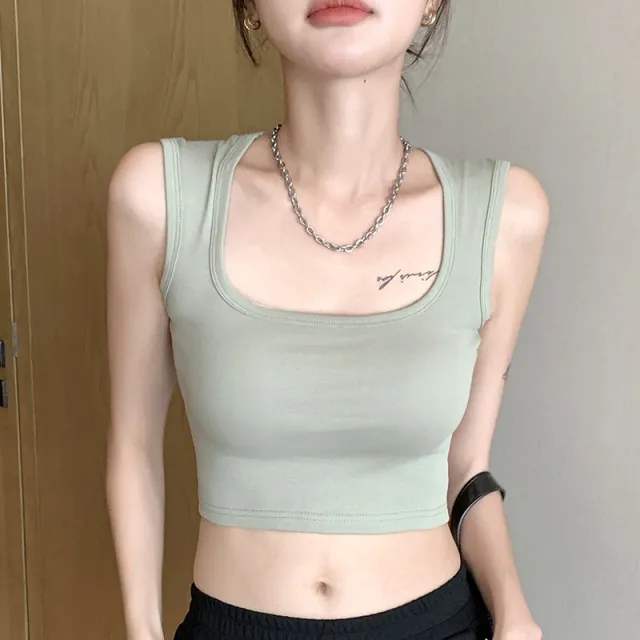 Pure Cotton Camisole Women's Inner Wide Shoulder Bottoming Top Short Tea Green - Shop at LoveMi
