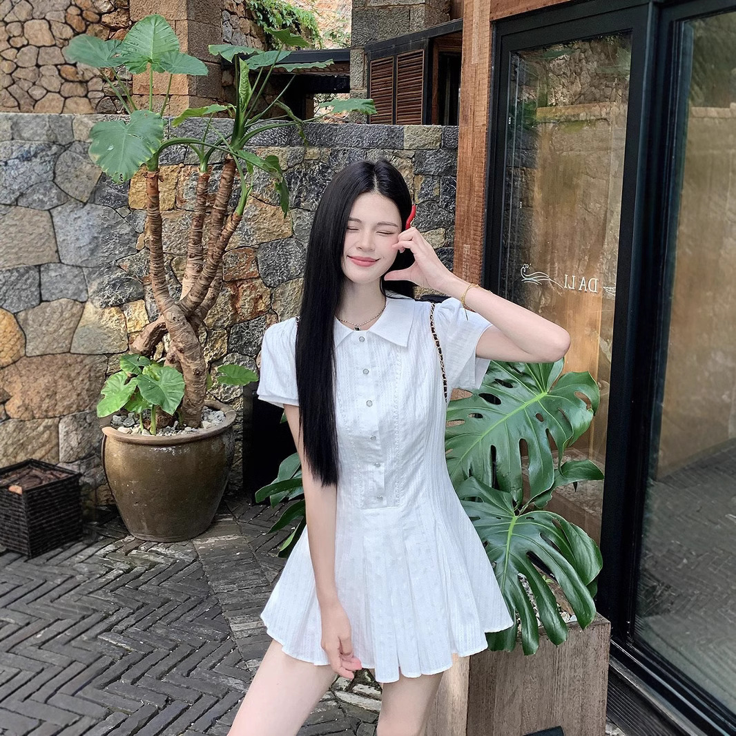 White Short-sleeved Shirt Dress A- Line Pleated Short Skirt