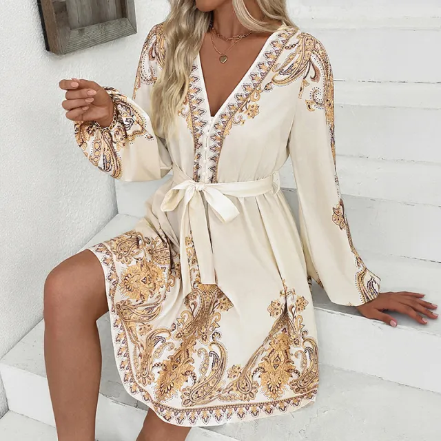 Female Retro Style V neck Paisley Print Dress Apricot - Shop at LoveMi