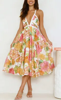 Floral Swing V-neck Lace-up Fashion Vacation Dress - View 1