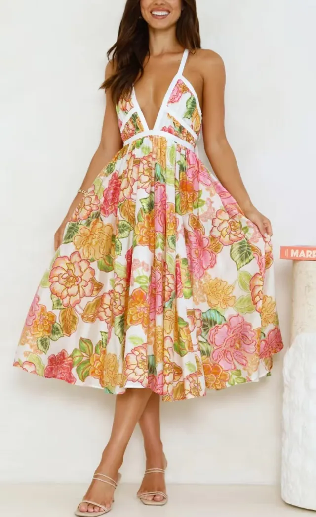 Floral Swing V neck Lace up Fashion Vacation Dress - Shop at LoveMi