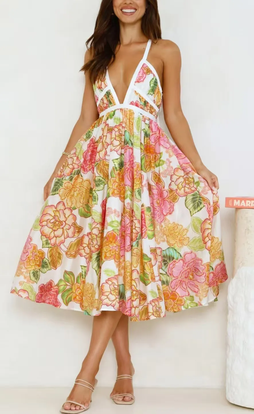 Floral Swing V-neck Lace-up Fashion Vacation Dress - Floral