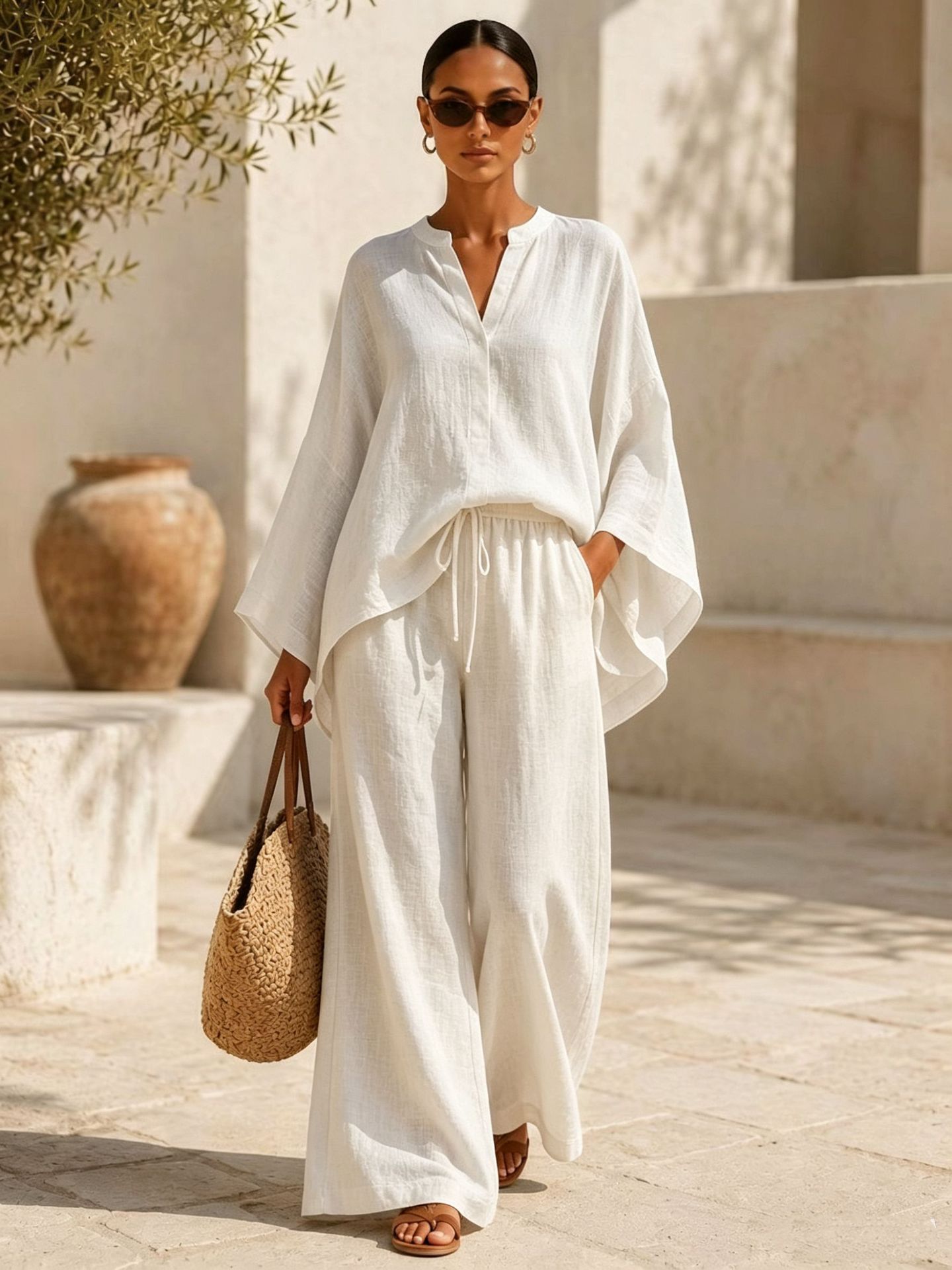 Womens Casual Relaxed-Fit Loose V-Neck Solid-Color Shirt Set