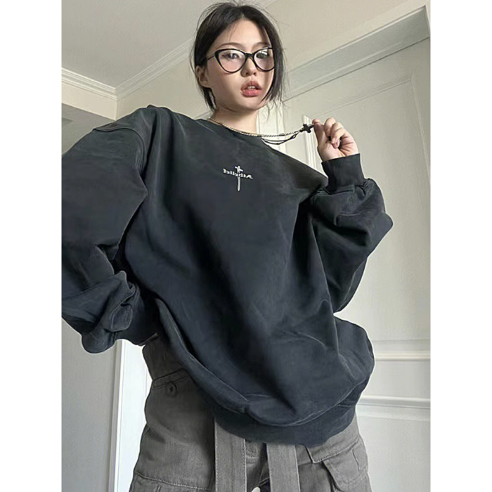 Black Cotton Round Neck Sweater Fleece-lined Thickened