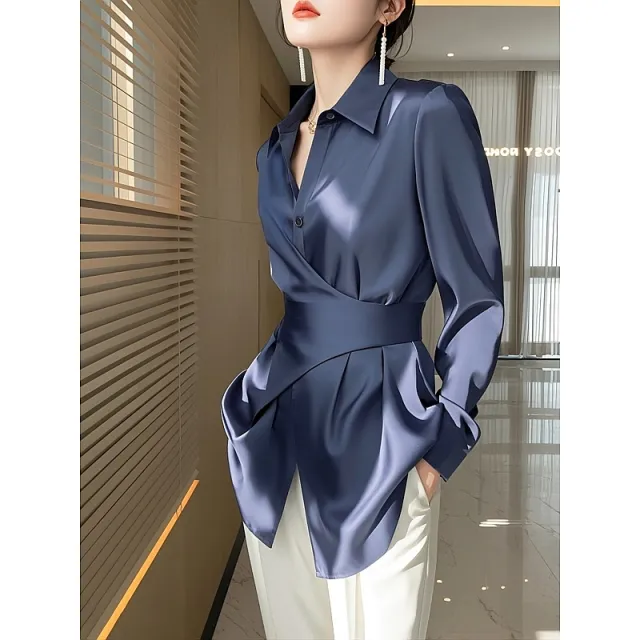 Blue Shirt Satin Waist Trimming Shirt Women's Clothing Blue Shirt - Shop at LoveMi