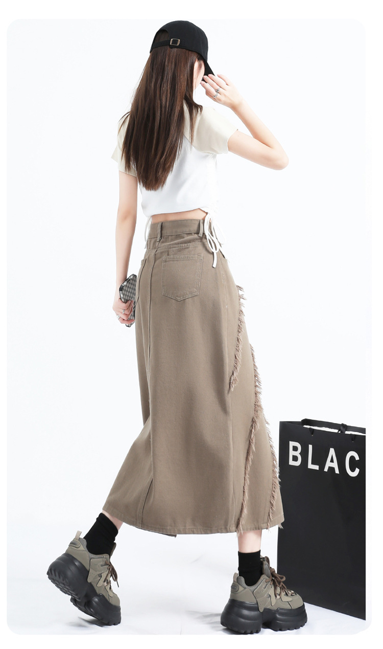 Street-Style Khaki High-Waisted Denim Skirt, Raw Hem & Slit