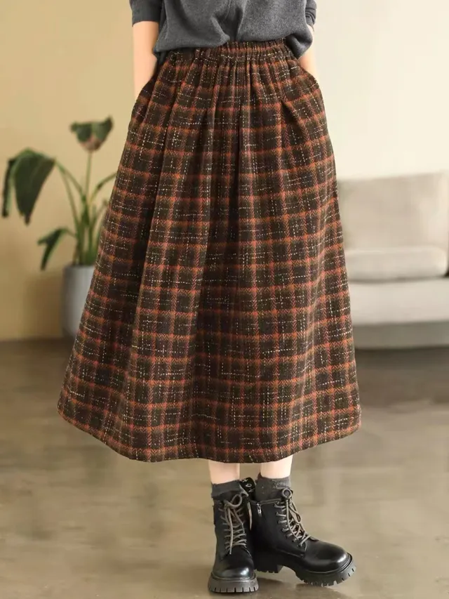 Elastic High Waist Woolen Cloth Plaid A Line Dress Brown - Shop at LoveMi