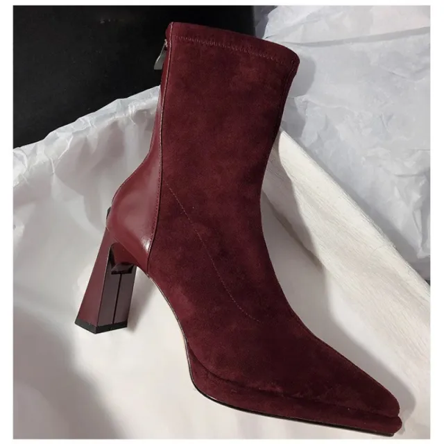 Fashionable Chunky Heel Pointed Toe Women's Ankle Boots Red - Shop at LoveMi