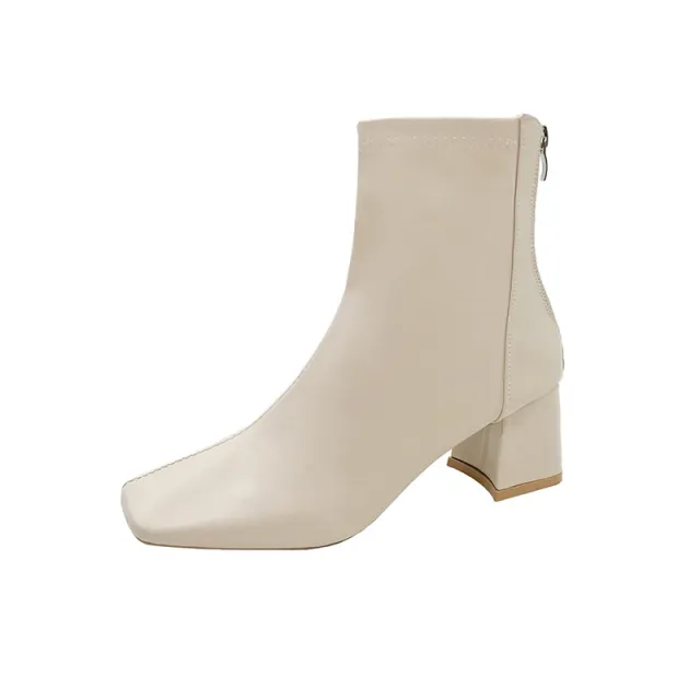 European And American Style Square Toe Back Zip Short Boots Chunky Heel Beige - Shop at LoveMi