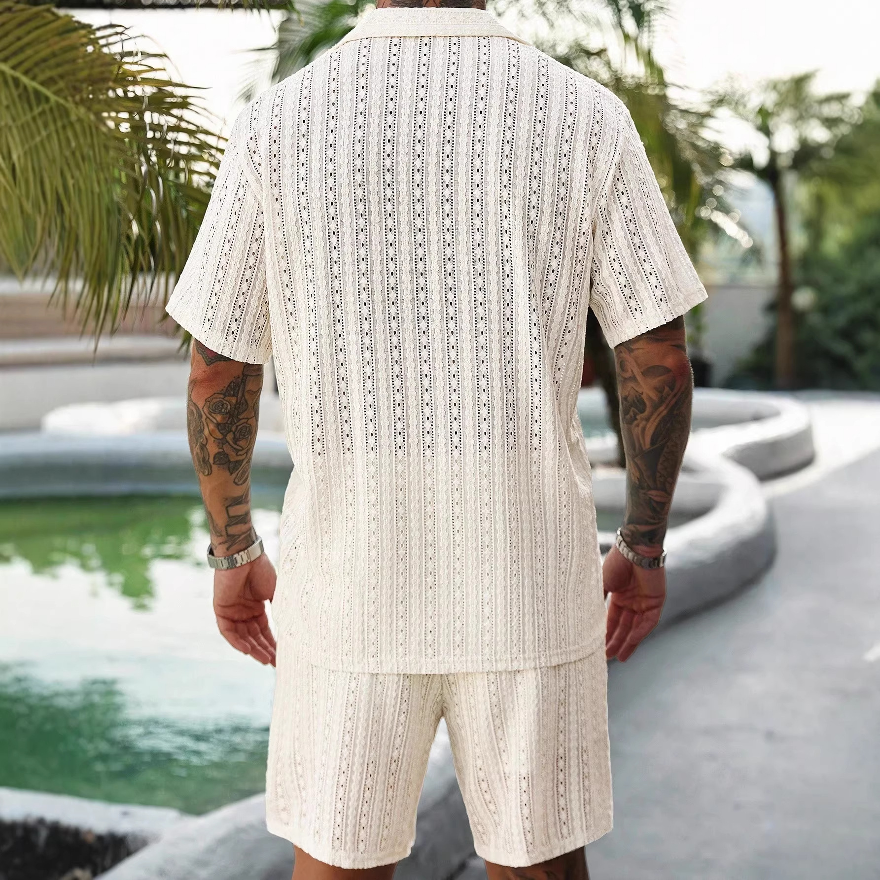 Mens Hollow-Out Breathable Short-Sleeve Shirt And Shorts Set