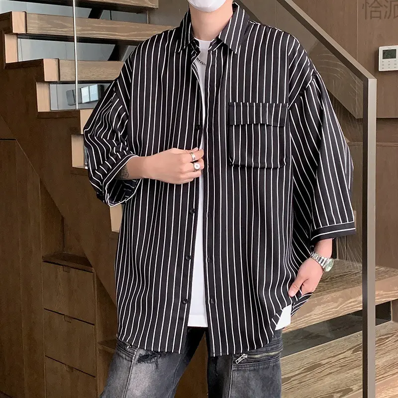 Striped Overalls Short Sleeve Shirt Men's Loose