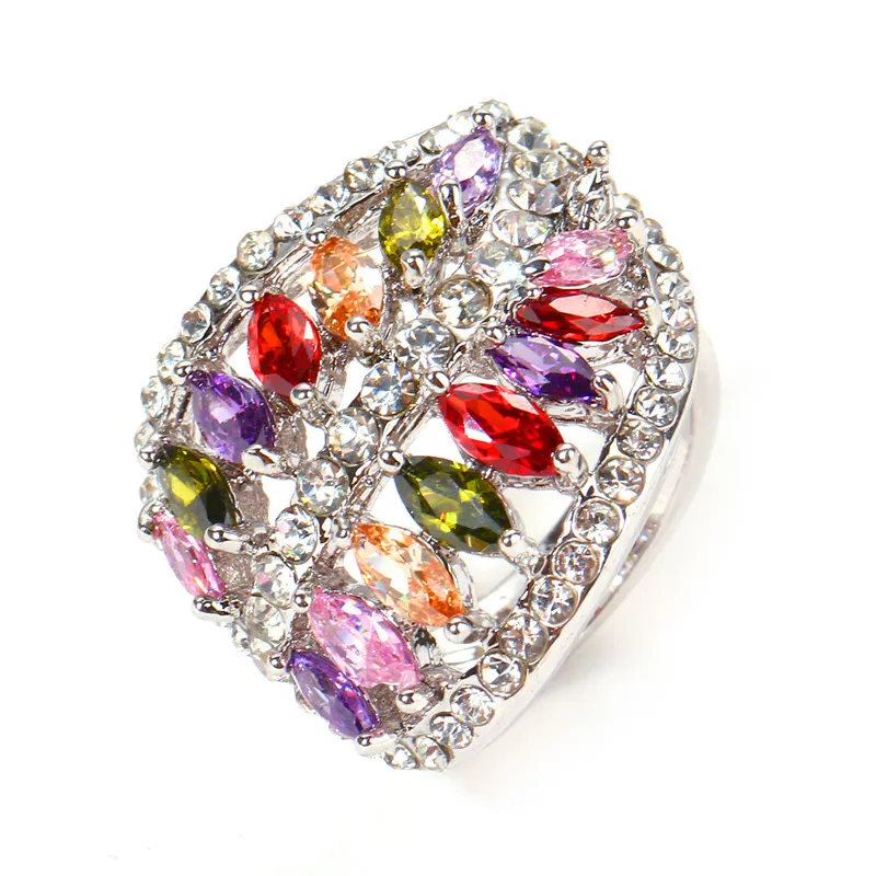 Women's Elegant And Versatile Zircon Ring With Colorful Leaf Design - Colorful