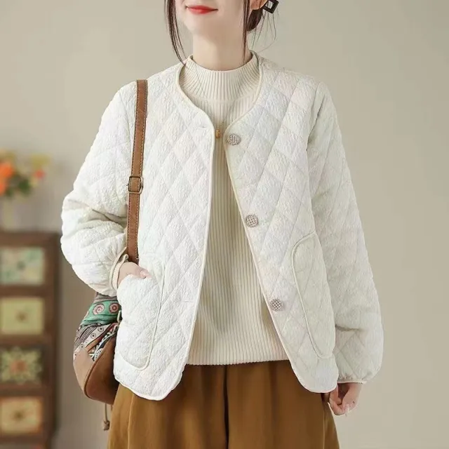 Classic Style Diamond Lattice Cotton Coat Jacket White - Shop at LoveMi