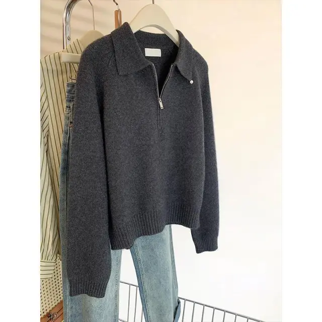 Lapel Small Sweater Outerwear Top Women Gray - Shop at LoveMi